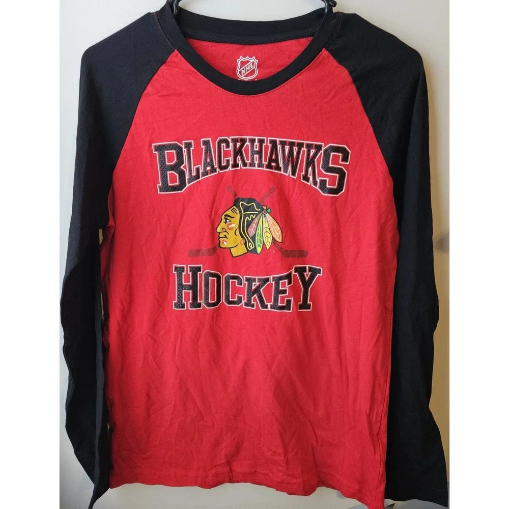 NHL Chicago Blackhawks Hockey Youth Long Sleeve Shirt Red/Black Sz 14/16‎ L NWT